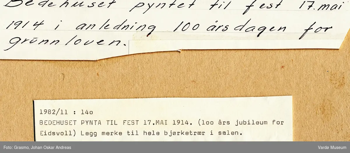 Bedehuset Betel i Vardø pyntet til fest i anledning 100-årsdagen for grunnloven, 17. mai 1914