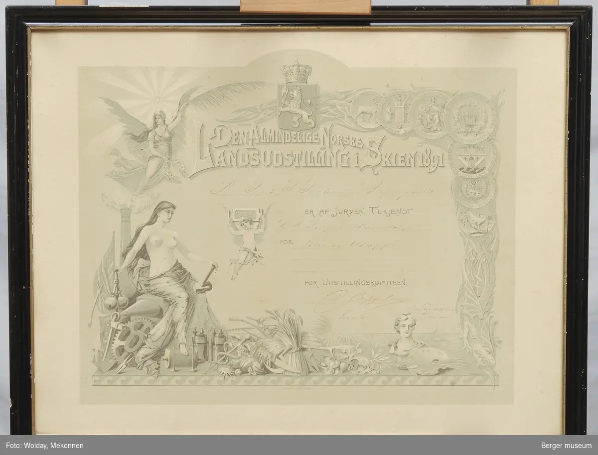 Diplom fra Den Almindelige Norske Landsudstiling i Skien 1891