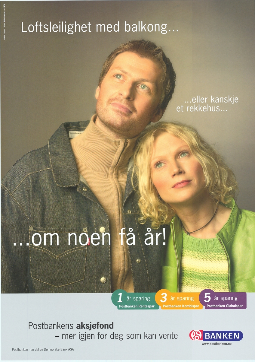 Plakat med motiv av to personer, tekst og bilde. Plakaten er tosidig med tekst på bokmål og nynorsk på hver sin side.