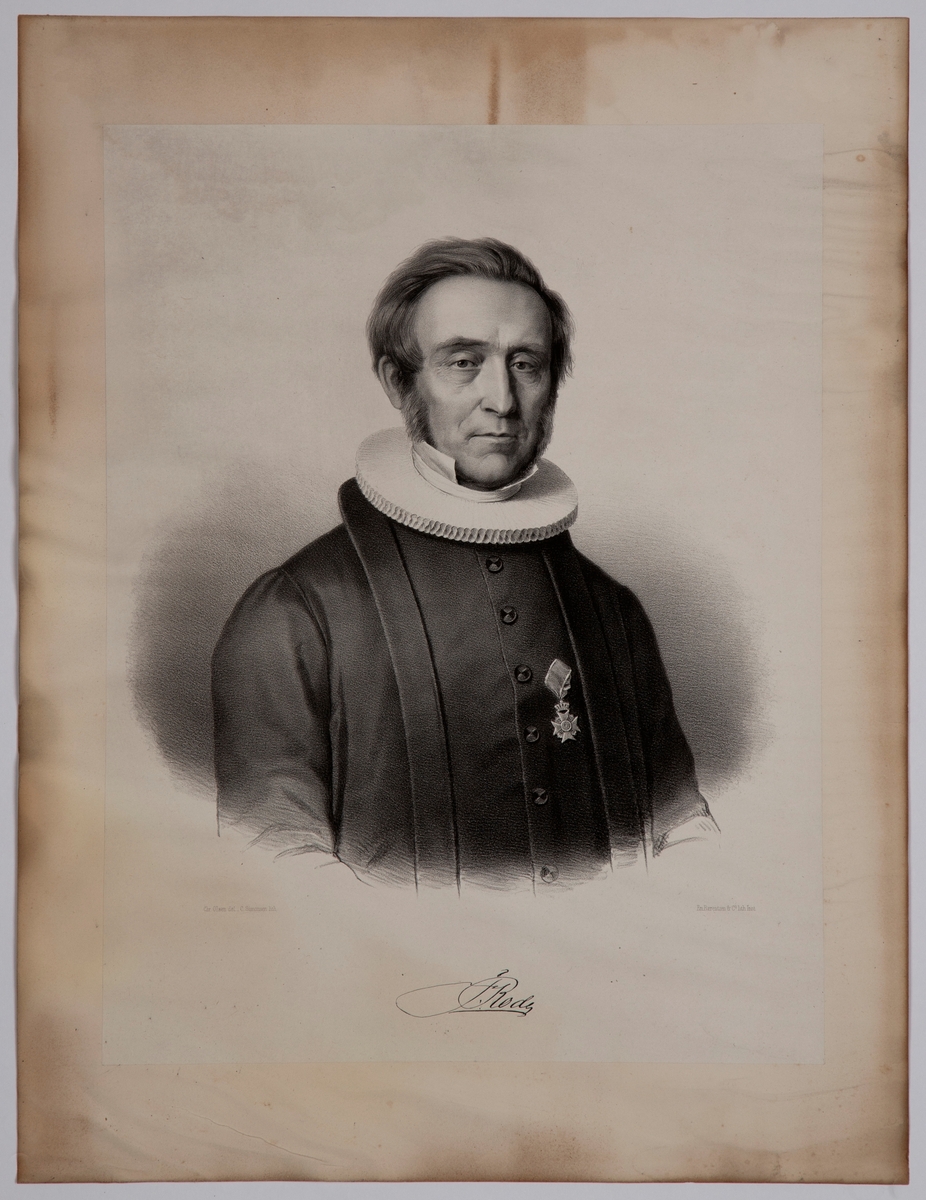 Portrett av hoffpredikant Frederik Rode ikledd prestedrakt med pipekrage.