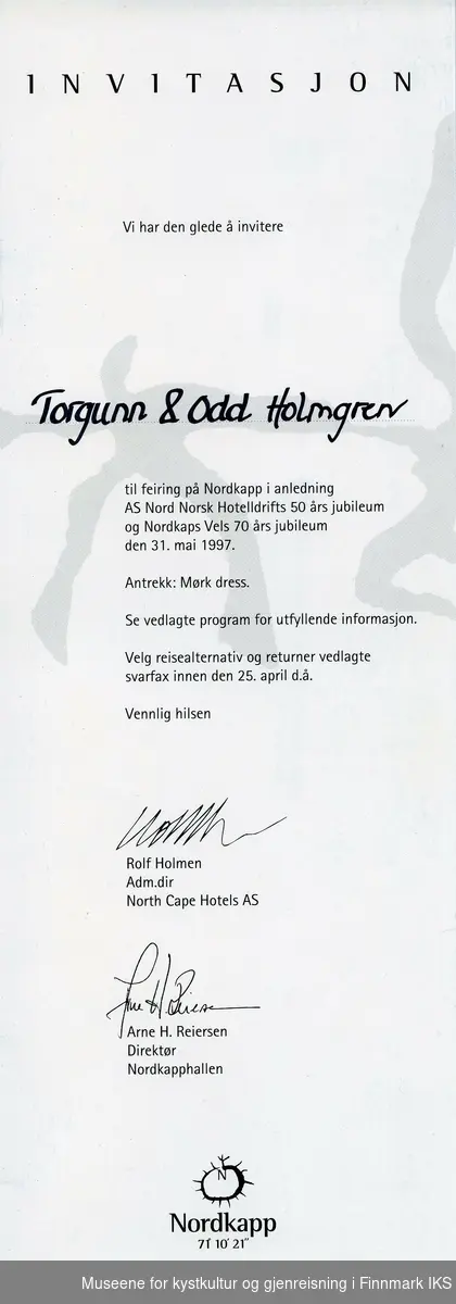 Invitasjon til en feiring på Nordkapp 31.mai 1997, utstedt til Torgunn og Odd Holmgren.