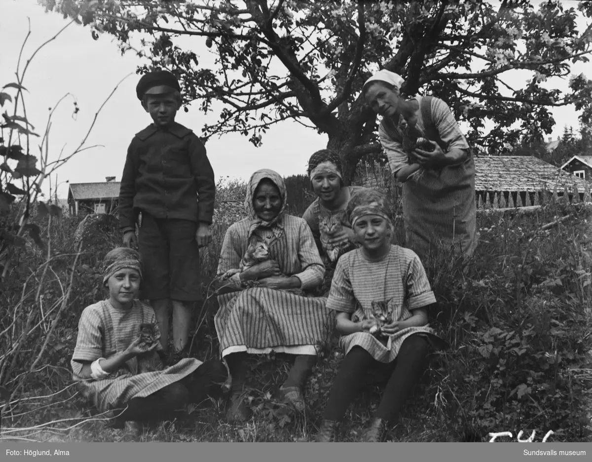 I mitten sitter Erika Wiström omgiven av sina barnbarn Per, Hilma, Ingrid och Irma Höglund. Längst till höger barnens moster Ada Wiström. Fyra katter och en höna är också med på bilden.