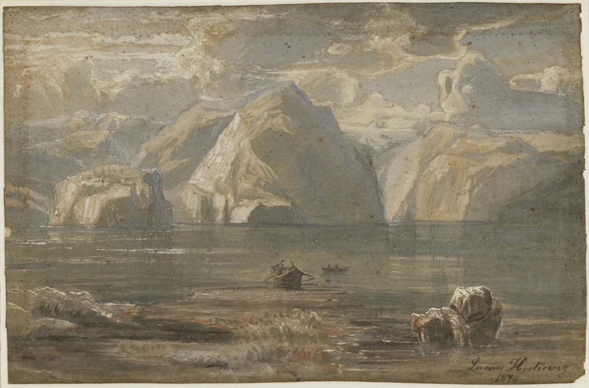 Kystlandskap med fjell og båter [Akvarell]