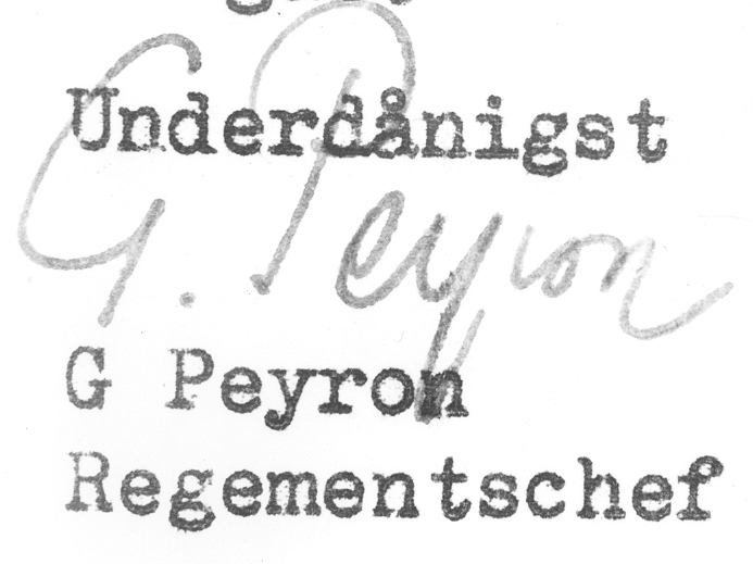 Överste och regementschef vid Skaraborgs regemente Gustaf Peyrons namnteckning.