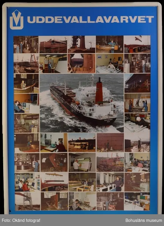 Fotomontage från Uddevallavarvet med motiv som visar på de olika verksamheterna som ingick i företagets produktion