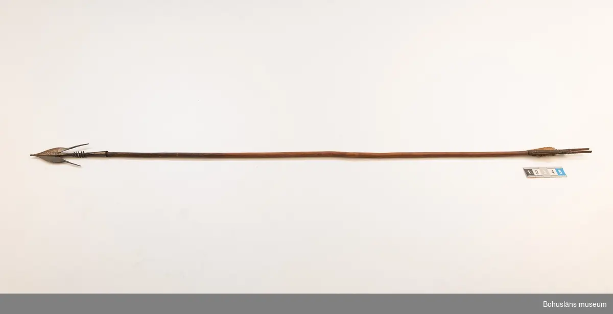 Ur handskrivna katalogen 1957-1958:
Båge m. 17 pilar, Afrika
Bågen a) L.103 cm; m. sträng av en vidja; i bågens ändar runda träkulor. Hel.
b-l, 3- kantiga m. smal svart fastsurrad träspets m. hullingar.
b-c, L. 72 och 71,2 cm; har blad infällda i ändan som styrfjädrar.
d-k, L. 75,5; 72; 71,8; 71,8; 71,6; 71,5; 76,6; 66 cm; lika b och c men saknar styrfjädrar;
k upptrasad i ändan.
l, L. 55,5; av ngt annan typ än föreg, har haft spets och styrfjädrar, vila saknas.
m-r, runda skaft, styrfjädrar, spetsen av järn och holk f. fastsättn.. 791 M har hullingar. m. Pilspets lös.
L. 69; 68,1; 76,4; 65; 64,7; 61,3 cm;
("r" saknar spets; n och q saknar en hulling. "o" saknar 2 styrfjädrar; "p" saknar ena delen i "klykan" f. strängen)

Ur Knut Adrian Anderssons Katalog II 1916:
No 22, nr 7, 8 ,9 på etiketten i Elmer Göranssons samling. Båge av trä m. sena till sträng jämte 17 förgiftade pilar av två typer med hullingar. Från Mogala i Belgiska Congo.

Artikel i Bohusläningen måndagen den 1 november 1937, "Vittberesta bohusläningar berätta. Upplevelser under 30-årig vistelse i Belgiska Kongo. Kapen Elmer Göransson. Folk och sedvänjor under ekvatorns glödande sol."

UMFA54467:0588 visar porträtt på sjökapten Elmer Göransson i uniform med ett antal ordnar och utmärkelser. Fotograf Thure Nihlén, Uddevalla.
