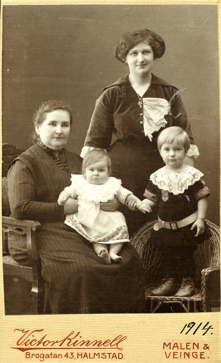 Två kvinnor och två små barn, samtliga okända. Båda barnen har stora spetskragar och den yngre kvinnan har en spets på ena sidan av blusen, längs knäppningen. Det äldre barnet står i en liten korgstol och bär snörkängor och skärp på sin kolt.