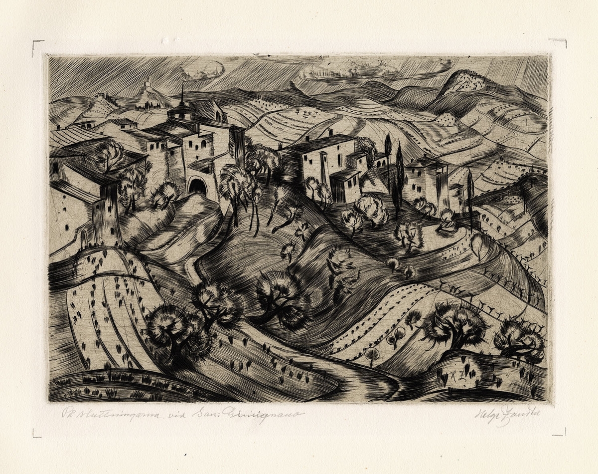 Här ses den medeltida staden San Gimignano bland kullarna i Toscana. Från resan till Italien 1920 kommer Zandéns första kopparstick föreställande bl.a. olika toscanska motiv som Volterra och San Gimignano. Kopparsticket, med dess långa böljande linjer, var en teknik som passade Zandén särskilt väl.