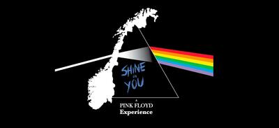 Siluettkart over Norge som brytes av en lysstripe som blir en regnbue, og påskriften "Shine on you - a Pink Floyd experience". Foto/Photo