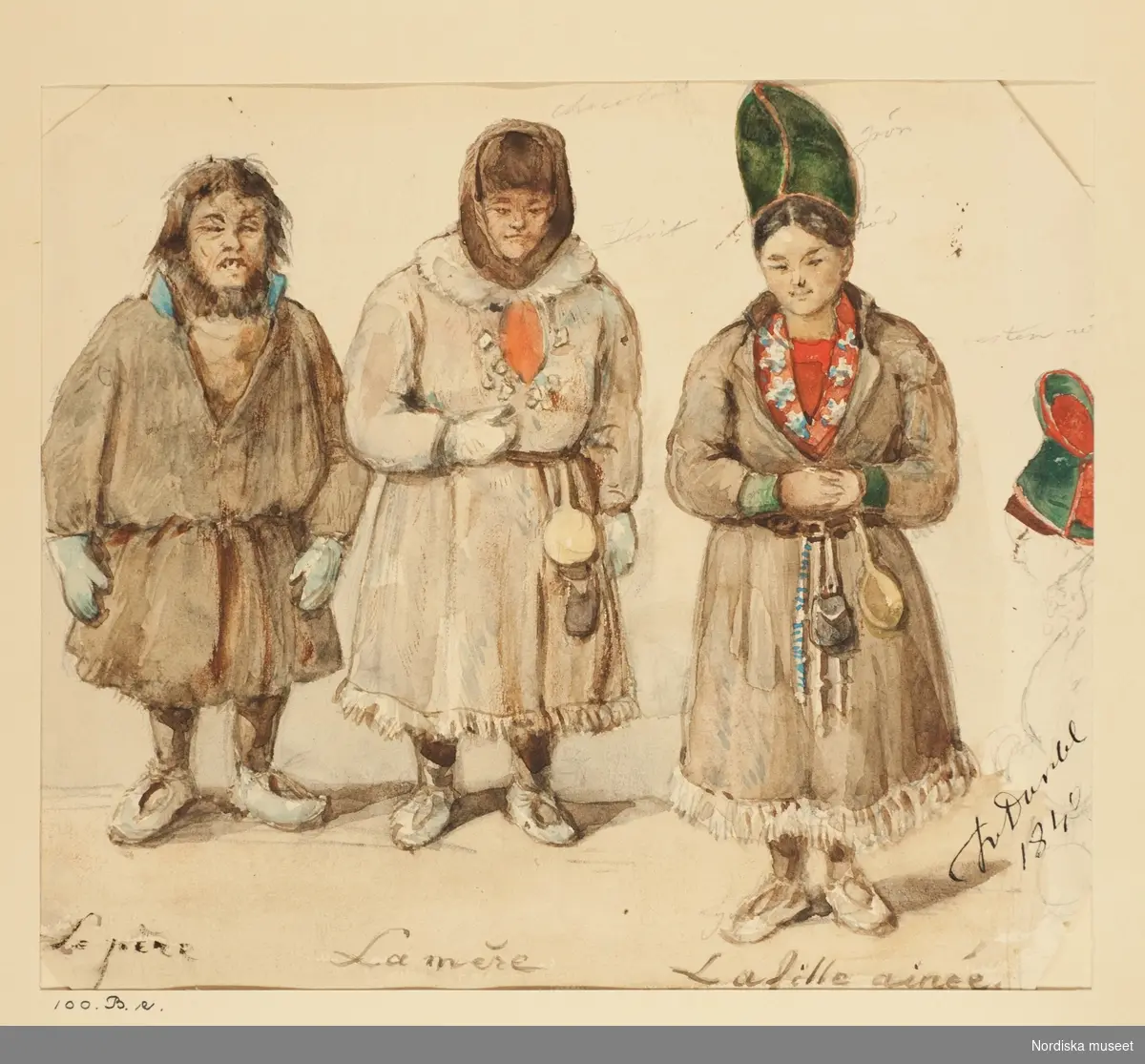 Akvarell av Fritz von Dardel, 1840. "Le père, la mère, la fille ainée". En samisk familj: pappan, mamman och äldsta dottern. L.A. 5