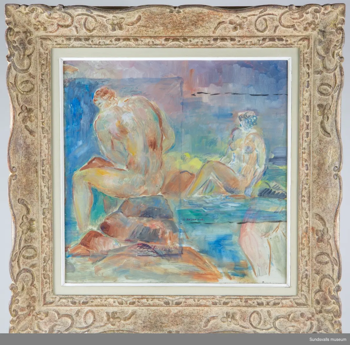 Målningen återger ett motiv bestående av ett antal kvadrater innehållande enskilda motiv av en sittande  man, en sittande kvinna och en stående kvinna.
