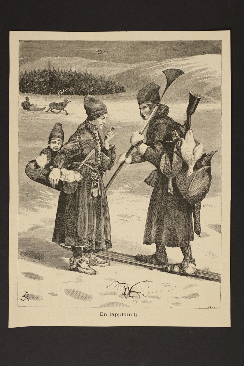 Grafiskt tryck. En familj med ett litet barn i kont, pappan på skidor. L.A. 1044