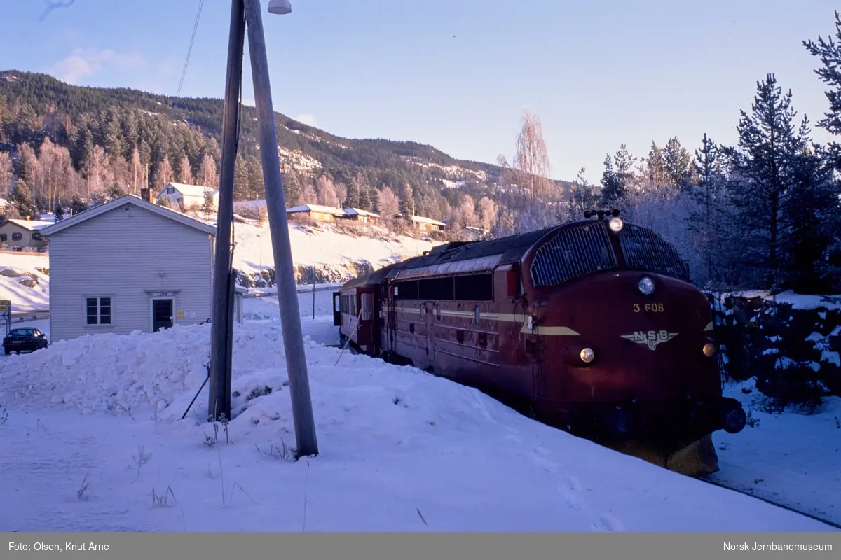 Diesellokomotiv Di 3 608 med persontog fra Oslo S til Fagernes, tog 281, på Leira holdeplass