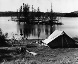 Foto av et telt og en sykkel ved et idyllisk skogsvann, Gjer
