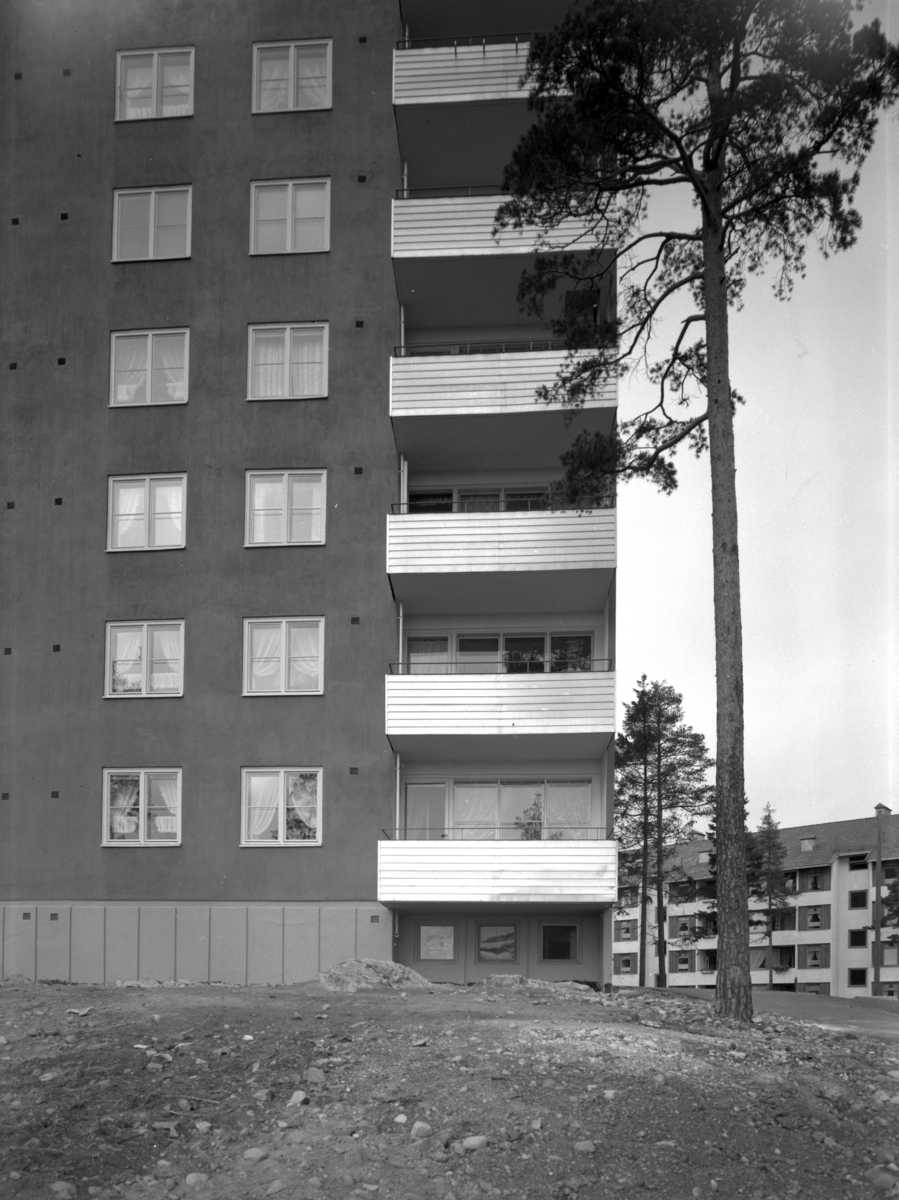 Detaljbilde av høyblokk i drabantbybebyggelsen på Tonsenhagen i Grorudalen. Bak ses en av de lavere blokkene.