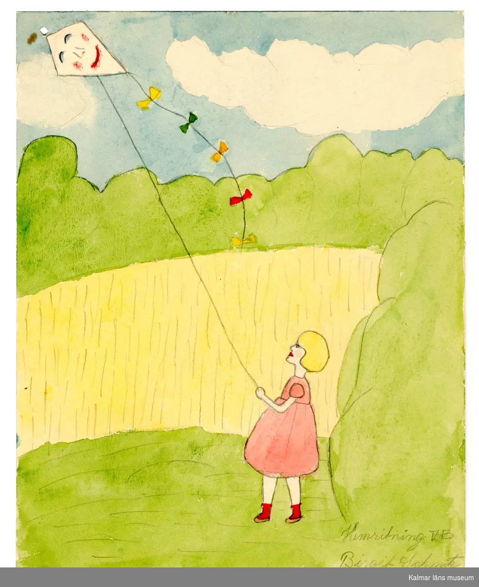 En flicka i rosa klänning flyger drake.