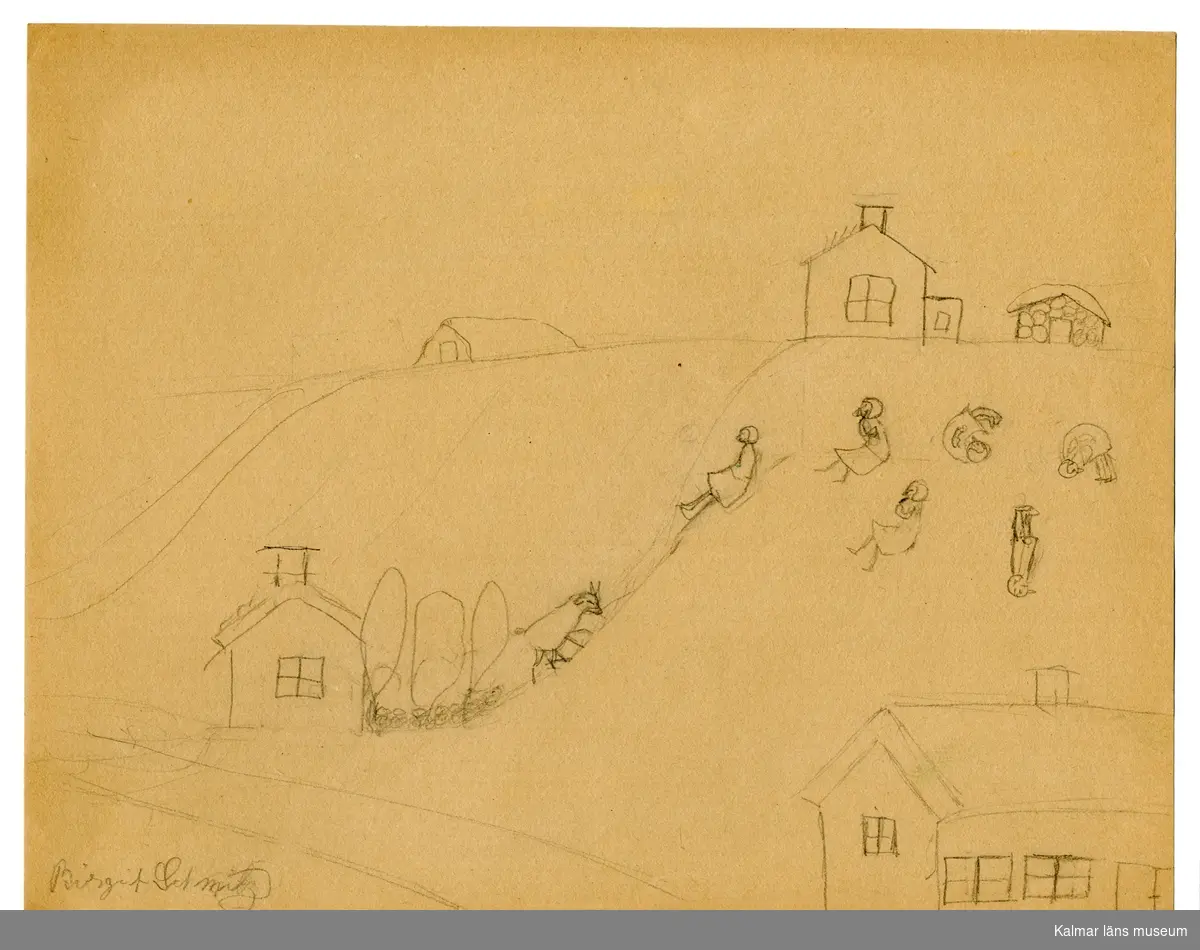 Ett hus som ligger uppe på en kulle och ett hus nedanför. Barn åker kana och rullar nerför kullen.
