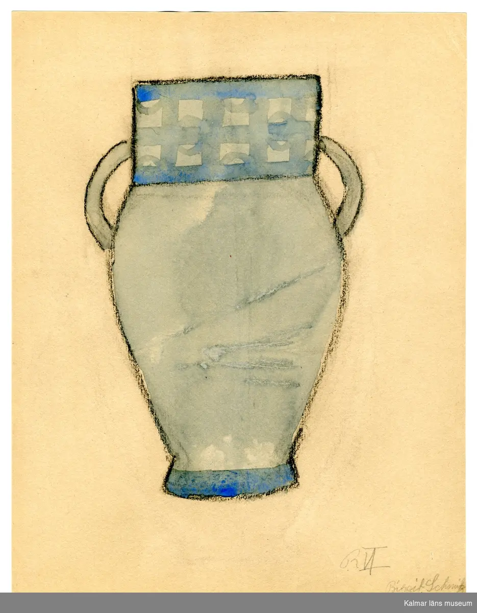 En blå vas/urna med handtag på sidorna.