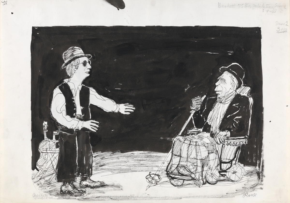 Tom Tellefsen og Bjarne Andersen i "Teater I" av Samuel Beckett [Tegning]