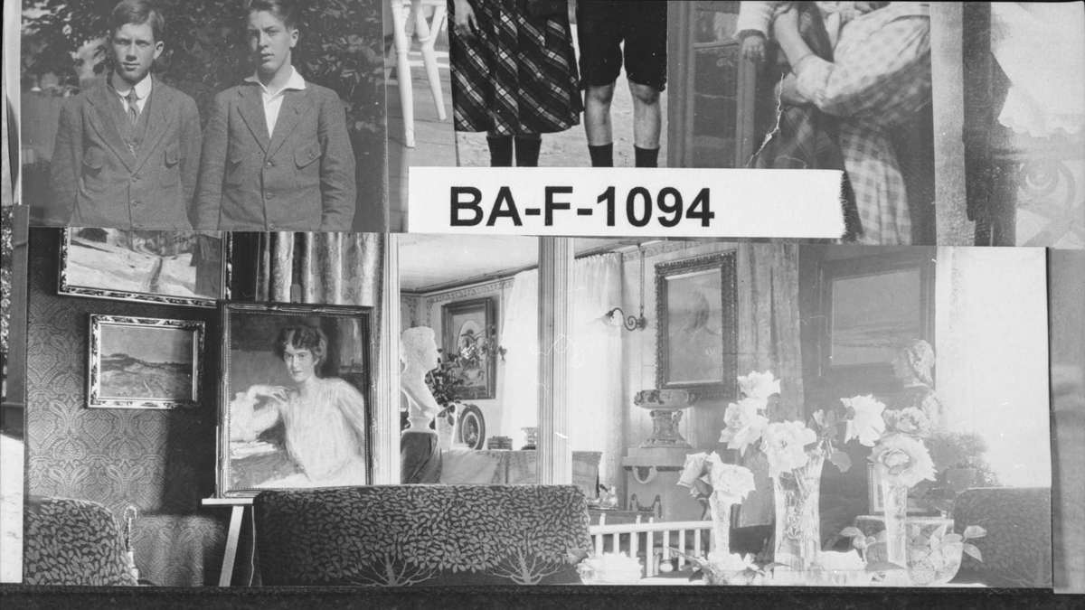 Diverse fotografi innrammet med eikeramme. Den er dekorert med metallriller.