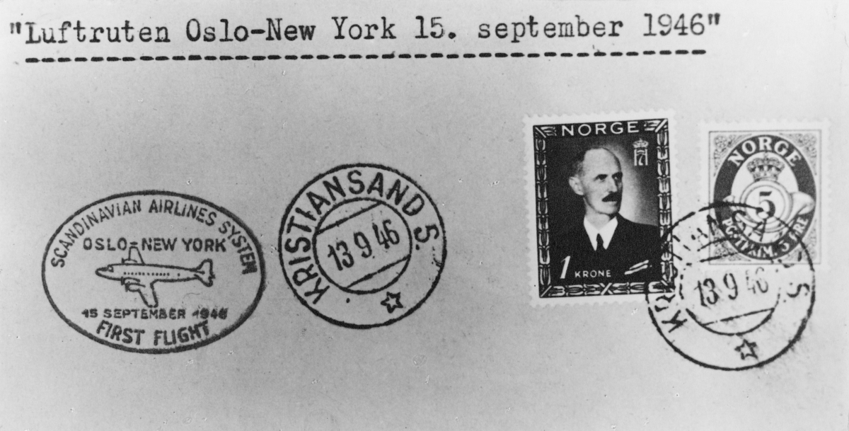 Postmuseet, samlinger, stempelavtrykk, førsteturstempel luftruten Oslo-New York 15. september 1946