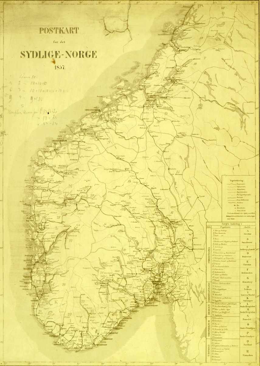 kart, postkart for det sydlige - Norge 1857