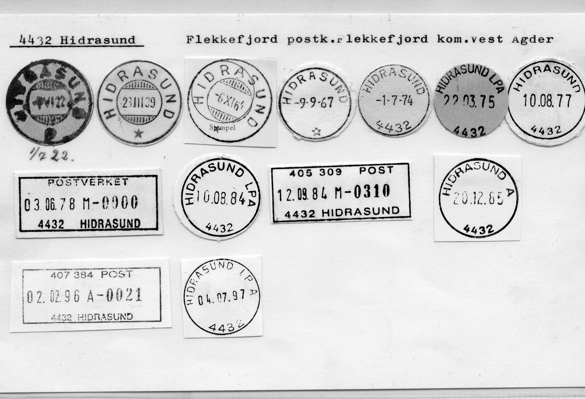 Stempelkatalog. 4432 Hidrasund. Flekkefjord postkontor. Flekkefjord kommune. Vest-Agder fylke.