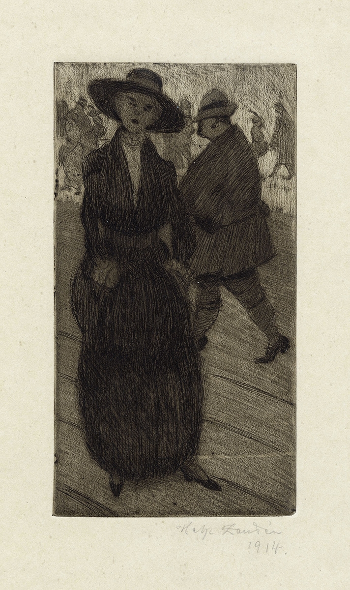 I förgrunden till vänster ung kvinna i mörk dräkt och hatt. Bakom henne går en man mot vänster. I bakgrunden figurer, som rör sig mot en ljusare fond frampolerad i akvatintgrunden.
