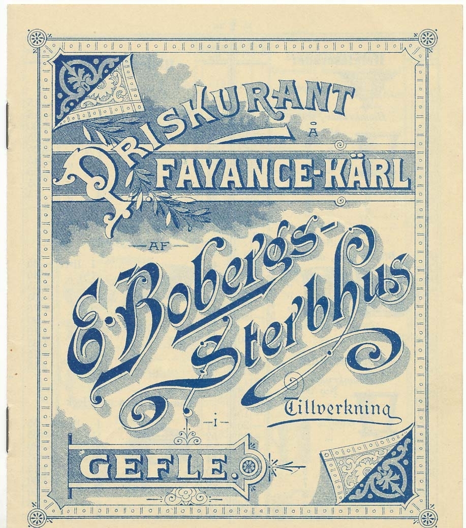 Priskurant, produktkatalog över 1890-talets produktion av keramik vid Bobergs Fajansfabrik.