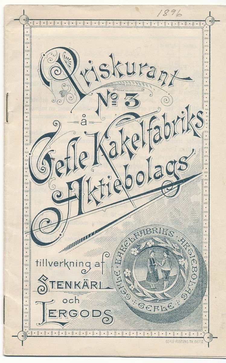 Priskurant, produktkatalog över 1896 års produktion av keramik vid Gefle Kakelfabrik.