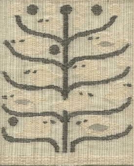 Skiss och 7 mönsterritningar i 4 olika storlekar finns i mapp BM 75270. Garnkartor till fem färg-ställningar finns. Kalkyl finns i särskild pärm.

Tre kvadratiska bonader i HV-teknik.
a Mönster med stiliserat träd med runda frukter, Fåglar i flera gröna nyanser sitter på grenarna. Bottenväv i gles tuskaftsväv i lin. Grön ram.
b Mönster som ovan men med vita fåglar på grenarna.
c Mönster som ovan men med grått träd och fåglar i grövre oblekt garn.