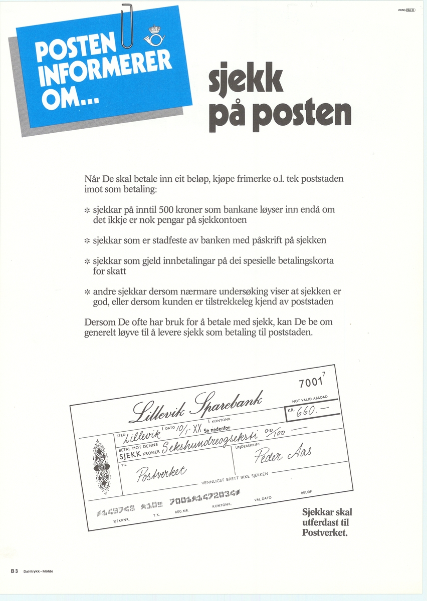 Tosidig plakat med hvit bunnfarge, motiv av sjekk og tekst. Med tekst på bokmål og nynorsk.