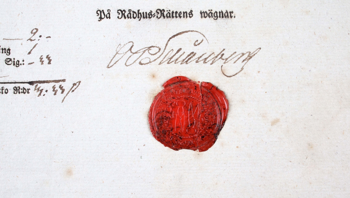 Fastebrev från 27 april 1840. Gällande tomt nummer 312 i Borås stad. Grågrönt, vikt pappersark, med tryckt och handskriven svart text. Utfärdat på Rådhus-Rättens vägnar och stämplat med rött lacksigill.