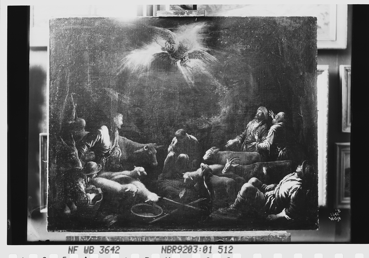 Maleriet "Engelen viser seg for gjeterne" av Jacopo Bassano (1500-tallet). Maleriet henger i Nasjonalgalleriet i Oslo. Fotografert 1912.
