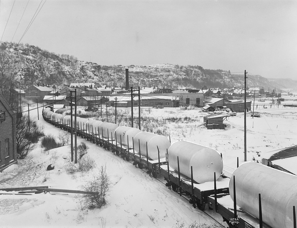 Godstog kjøre med mange vogner lastet med ant. aluminium inn mot Holmestrand. Norsk Aluminiumindustri. Fotografter 1923.