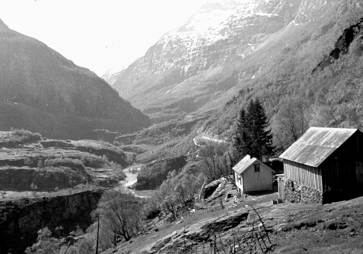 Utsikten fra Geithus fjellgård over  Flåmsdalen.  Fotografert 1941
