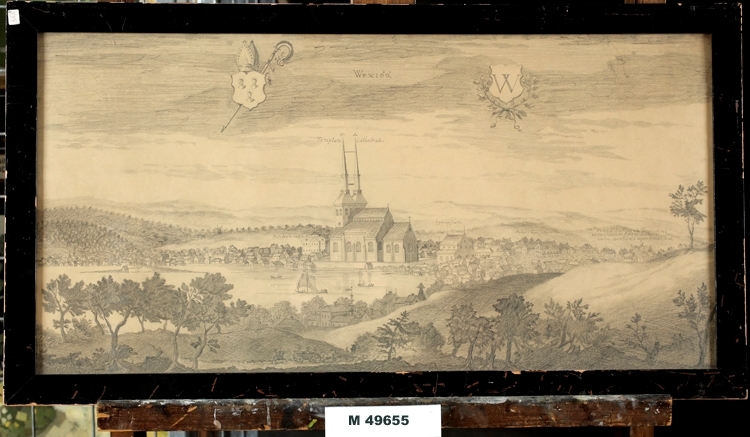 Blyertsteckning.
Vy över Växjö stad från sydost 1708.
Kopia efter J. Swidde i Erik Dahlbergs "Suecia Antiqua et Hodierna".