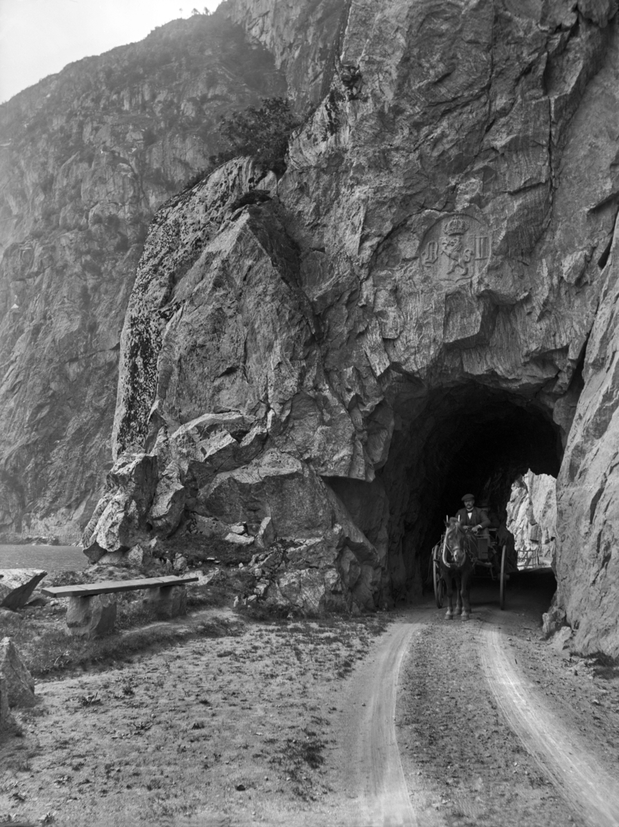 Ved Eidfjordvatnet.  Den Norske Løve m. Krone innhgget over tunnelåpningen 
Veiparti, Tunnel, Hest m.vogn
Fotografert 1903