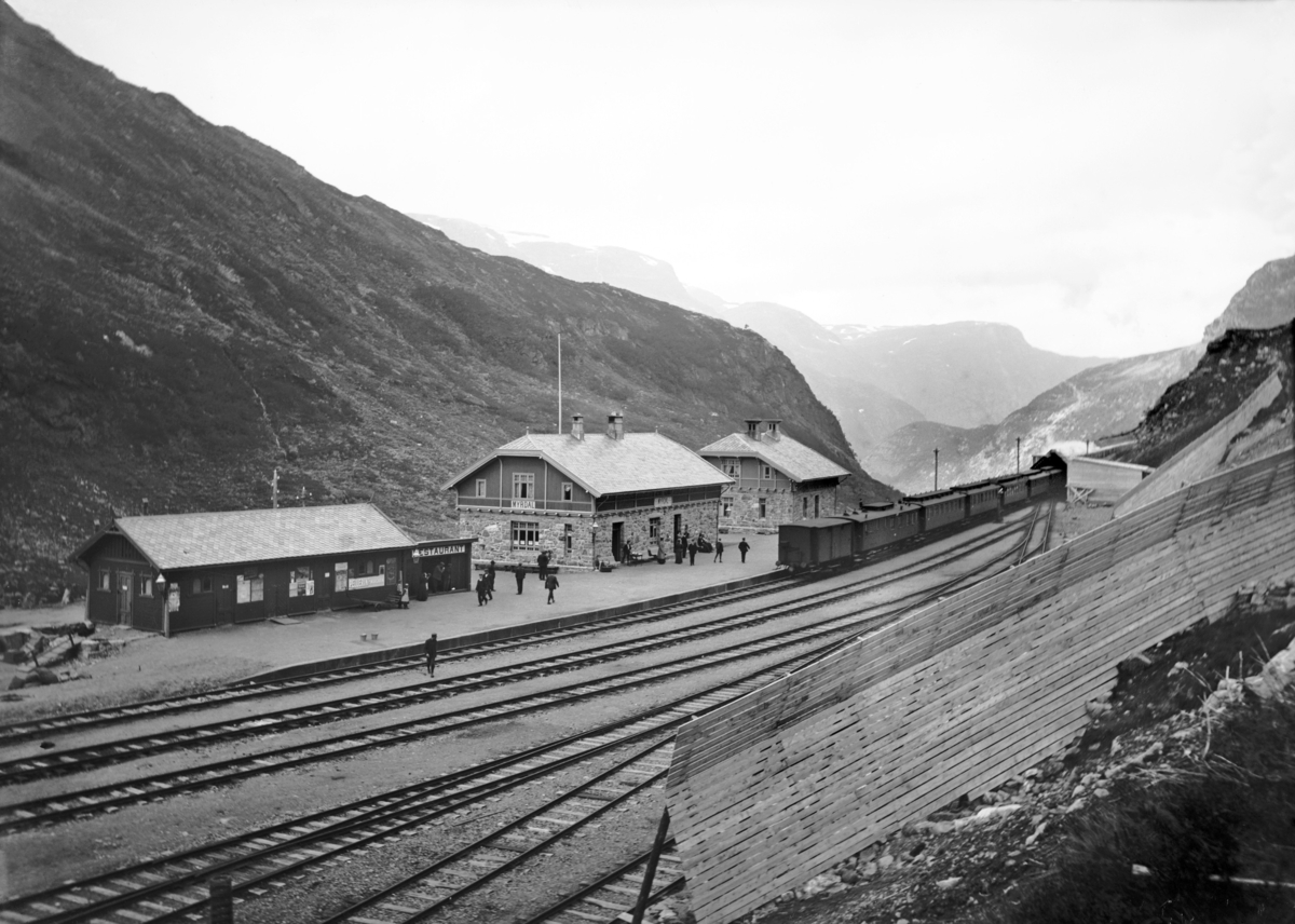 Tog står på stasjonen
Myrdal stasjon, Bergensbanen
Fotografert 1920