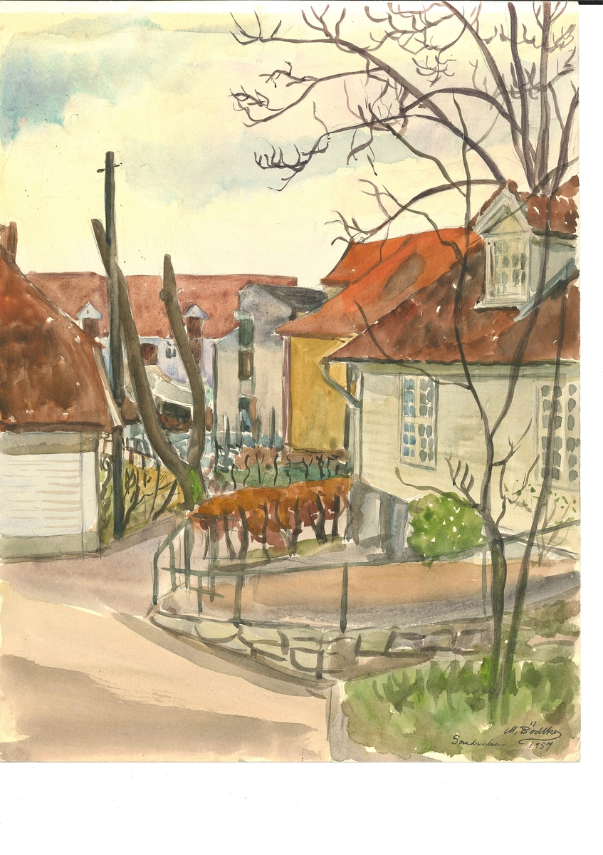 By 10539 Akvarell fra Bergen. Sandviken nabolag 1957. Signert M.Bødtker, høst eller vinter. 