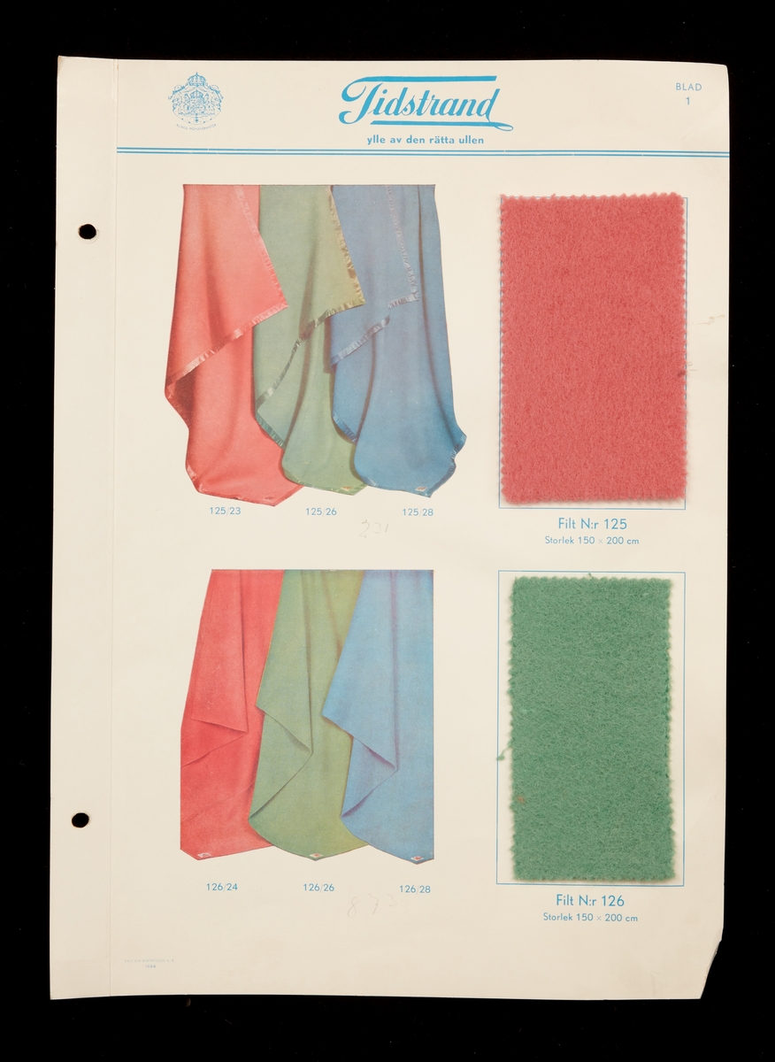 Provpärm "TIDSTRANDSFILTEN" 16 blad filtprover och bilder. "TIDSTRAND ylle av den rätta ullen. Falu Yllefabriks AB Sågmyra".