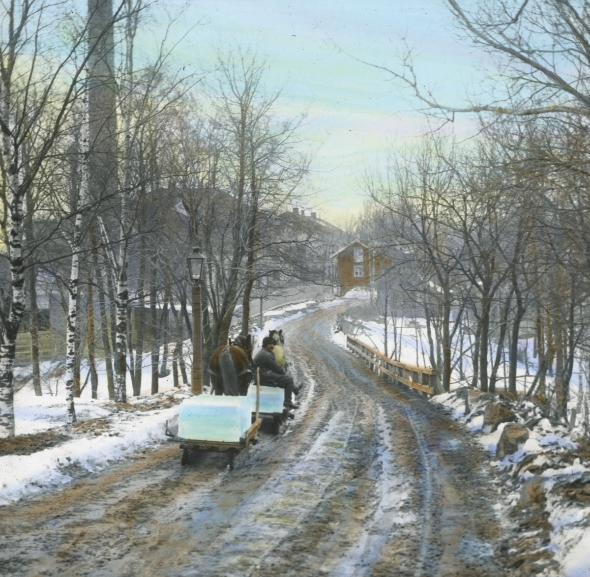 Håndkolorert dias. Kjøring av is langs Sørkedalsveien i 1902. I front en kjørekar med hest og slede lastet med isblokker, en hest og slede til med is. Bak trær skimtes en høy pipe, og i bakgrunnen ligger flere hus.
