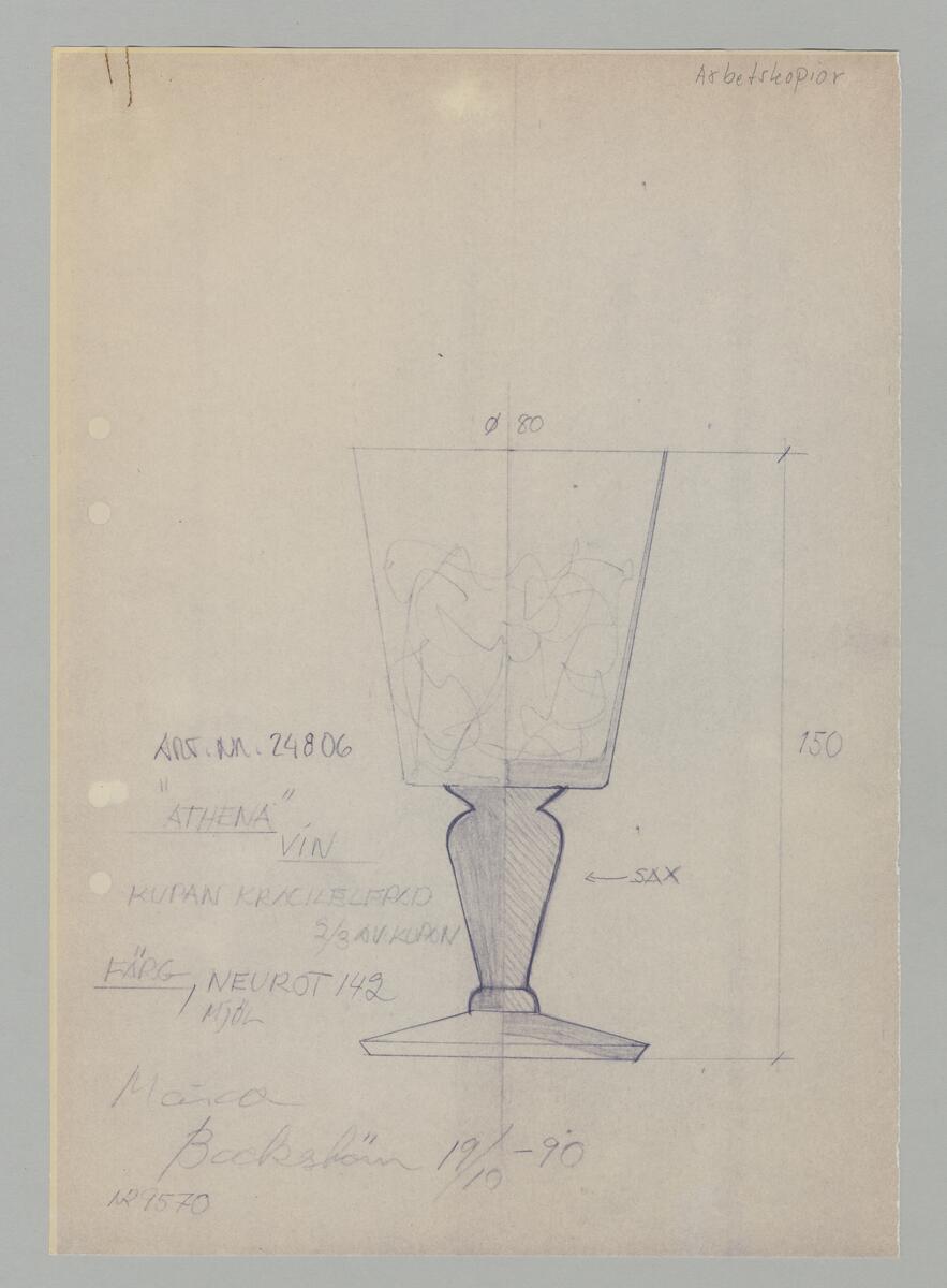 Kopia på ritning med Athena vinglas. Rak, utvikt kupa, på ben och fot. Mått och färgangivelse på ritningen.