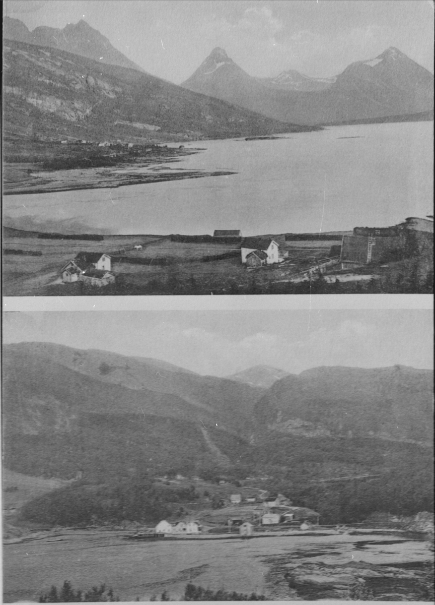 Bebyggelse og landskap i Grovfjord, gjengitt som to motiver på et postkort.