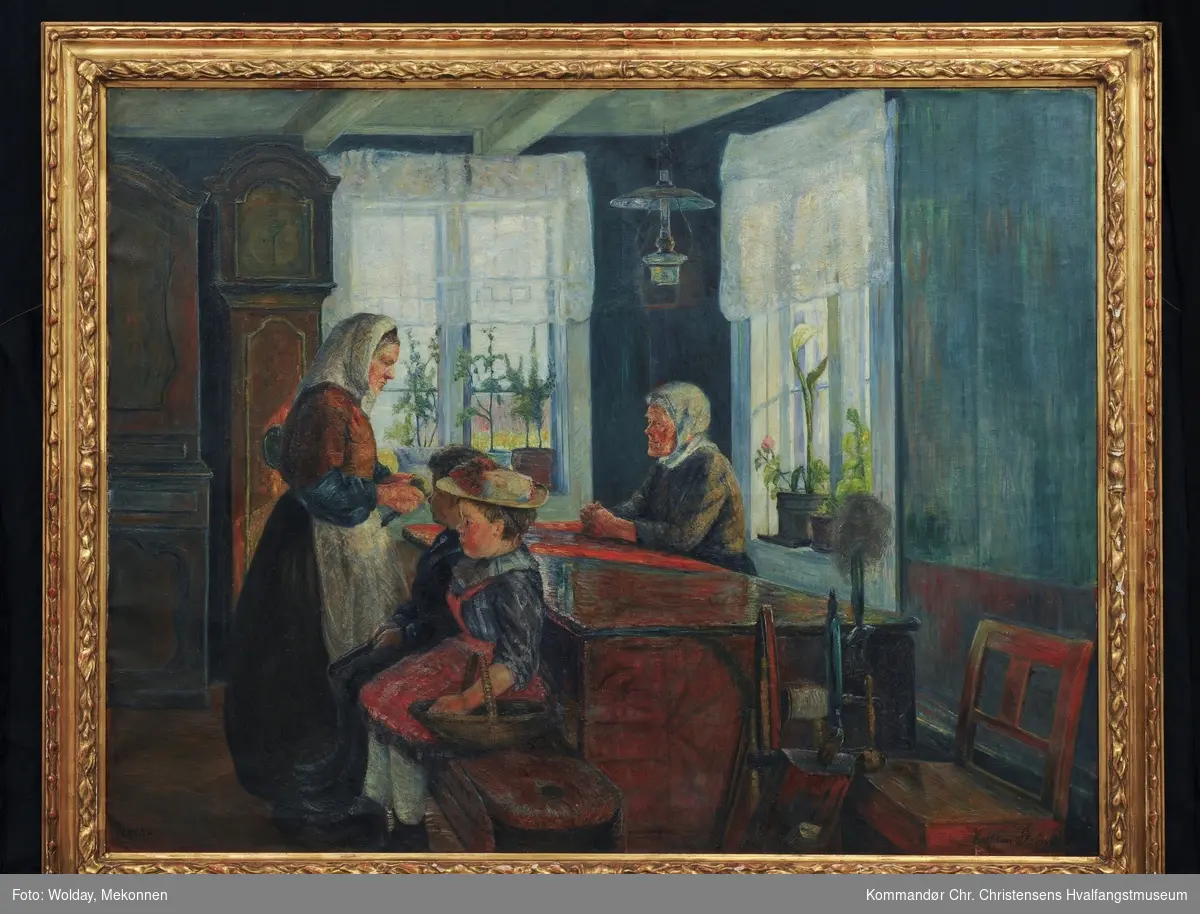 Interiør ved vindu med 2 kvinner (ung og gammel) og 2 barn