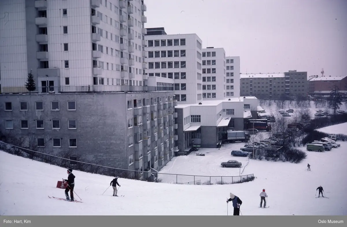 utsikt, skibakke, barn, ski, boligblokker, parkeringsplass, biler