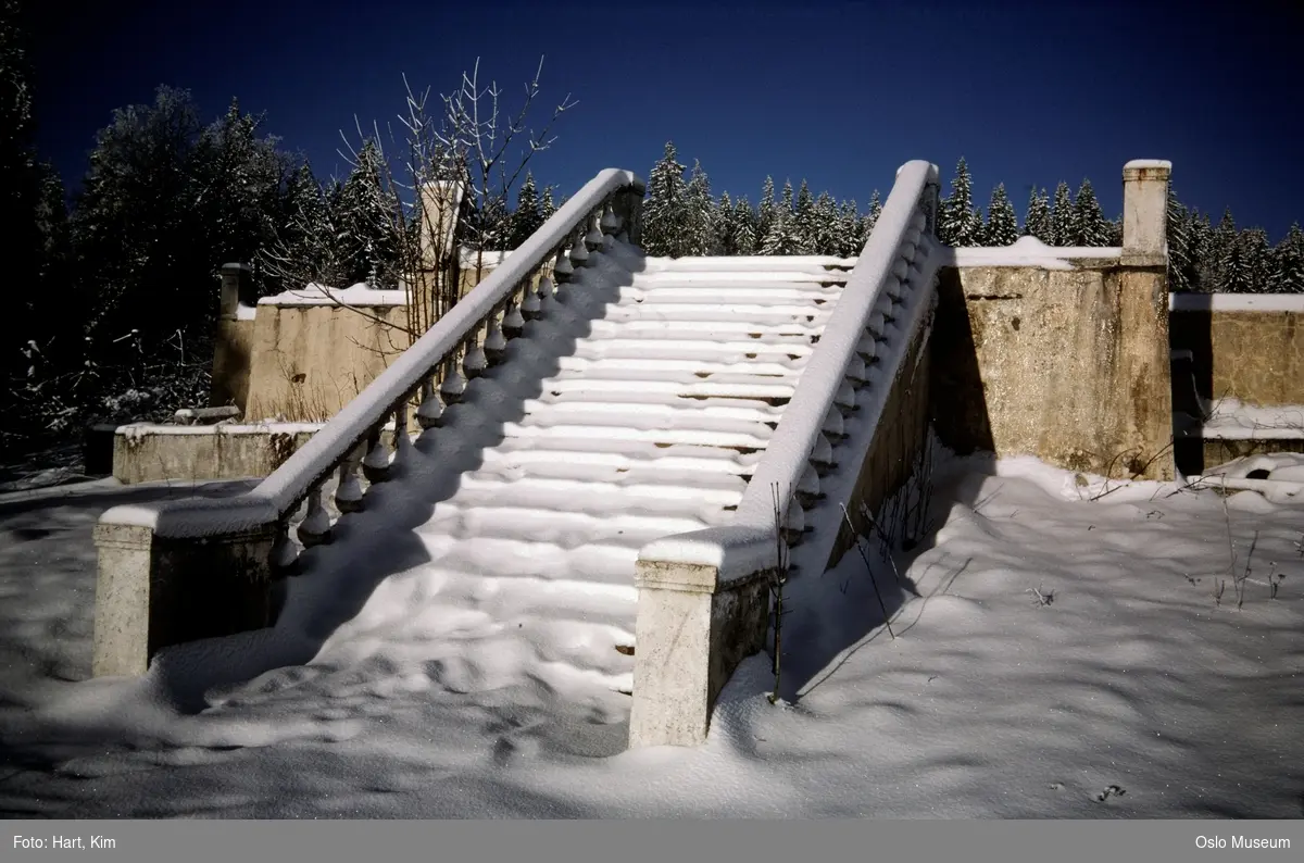 trapp, grunnmur, rester etter Villa Troldmyr, snø
