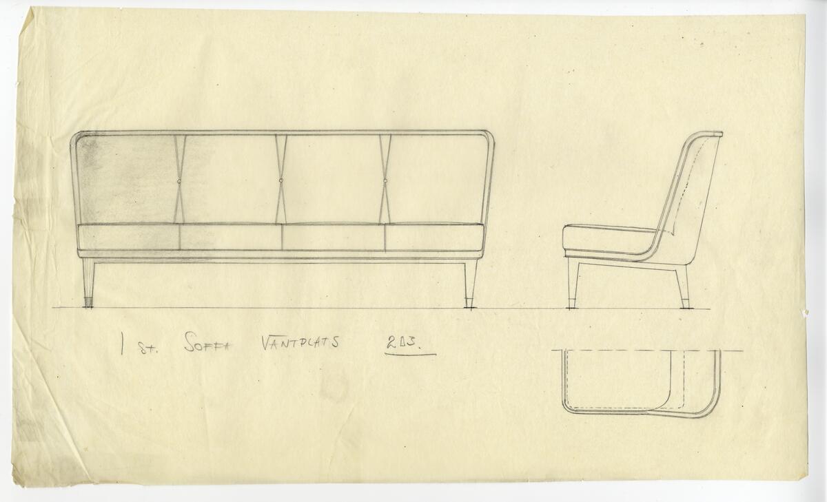 Skisser till inredningen av Bromma församlingshem   olika stolar, stapelstolar, soffor, taburett, talarstol, bord och bänkar. Även med planritningar av byggnaden och textilprover till möblerna.