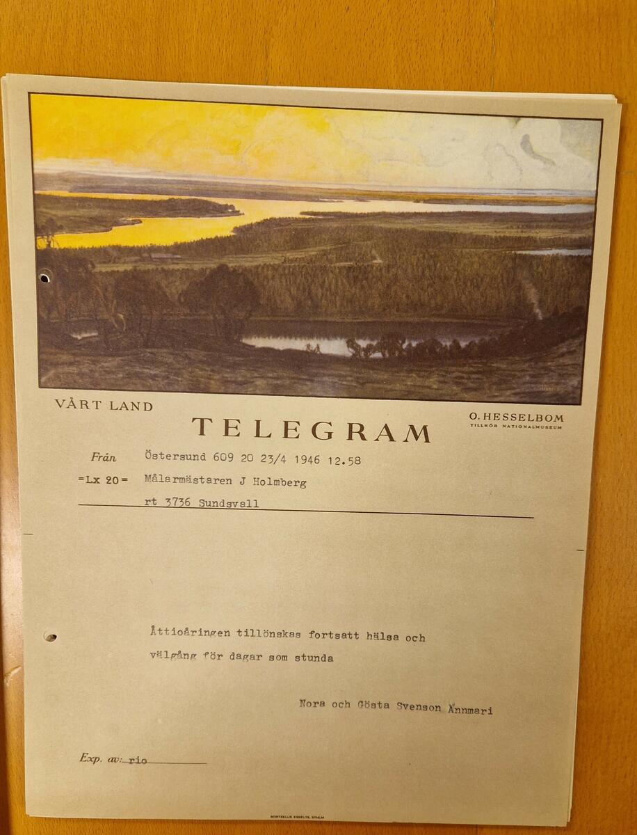 Telegram och  texter i samband med J A Holmbergs 80-årsdag. Gåva av Brita Lundqvist, Stockholm, barnbarn till J A Holmberg, Sundsvall.