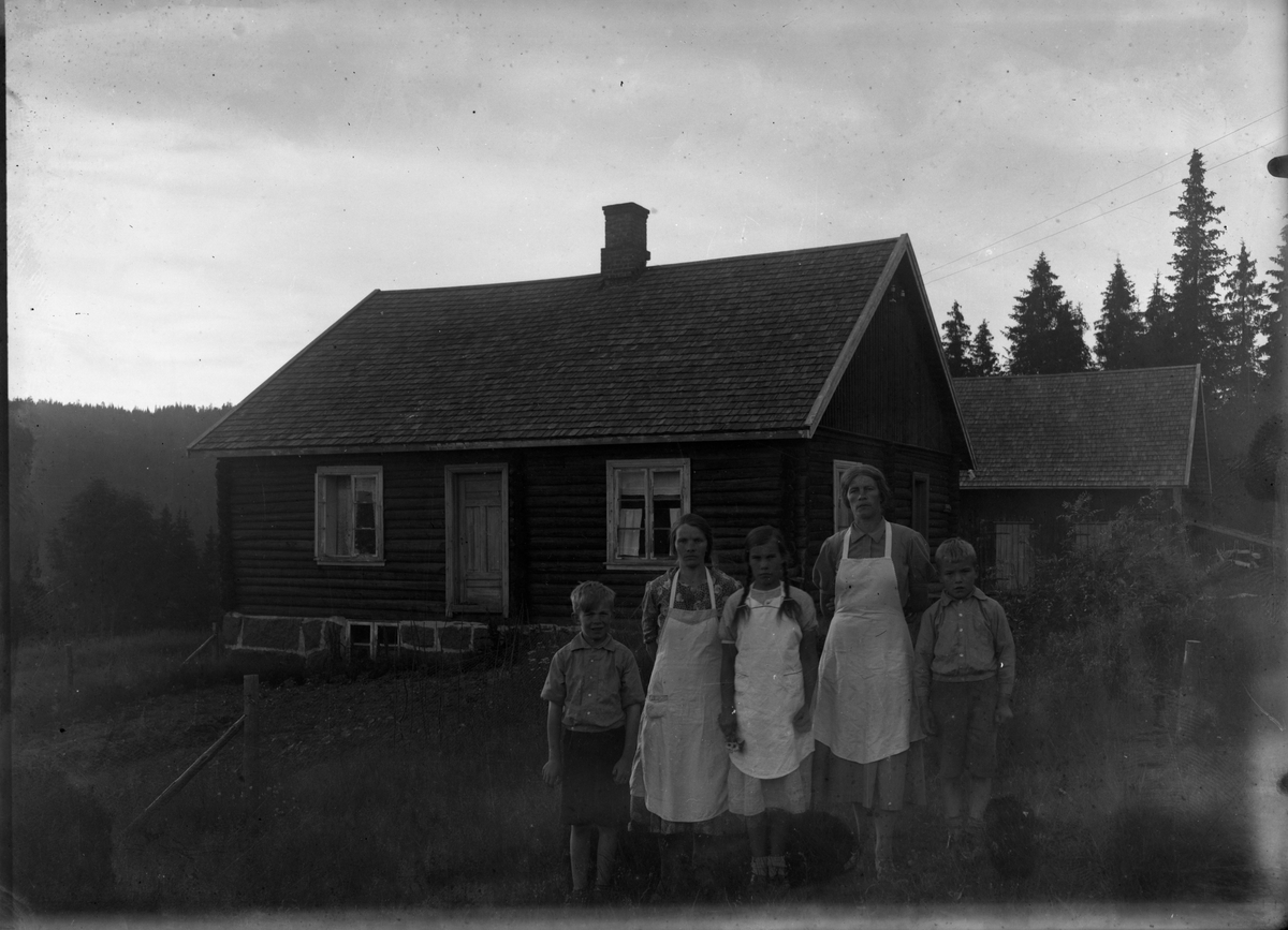 Gruppeportrett, kvinner og barn ved gårdstun.

Fotosamling etter fotograf og skogsarbeider Ole Romsdalen (f. 23.02.1893).